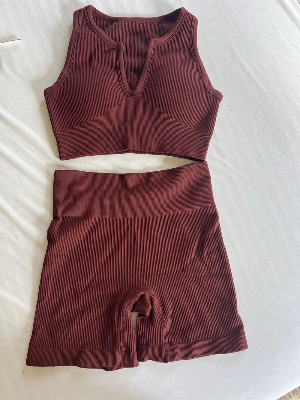 Ribbed High-Waist Bike Shorts - Brown